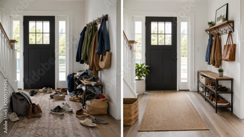 Before And After Entryway Organization With Scattered Shoes And Tidy Hallway Storage