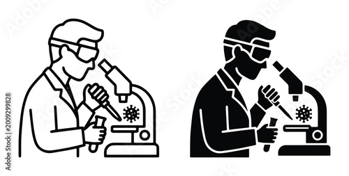 Foto vector illustration of two scientists examining virus particles through microsco