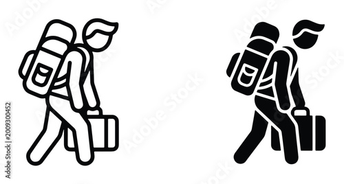 two traveler silhouettes walking with backpacks and briefcases