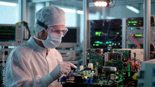 Technician in cleanroom suits examines circuit board