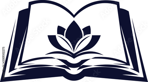 Abstract logo design featuring a blooming lotus flower inside an open book for education and spiritual brands