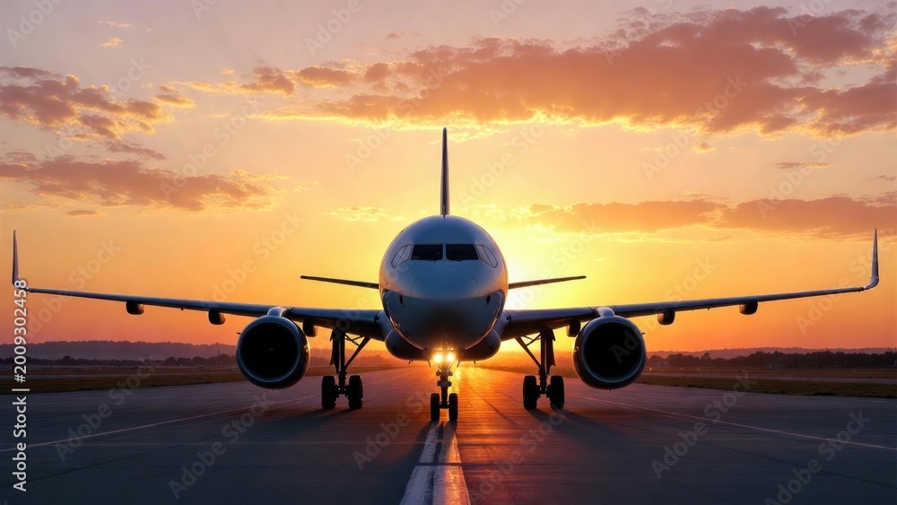 Fototapeta premium Airplane sits on runway, facing camera