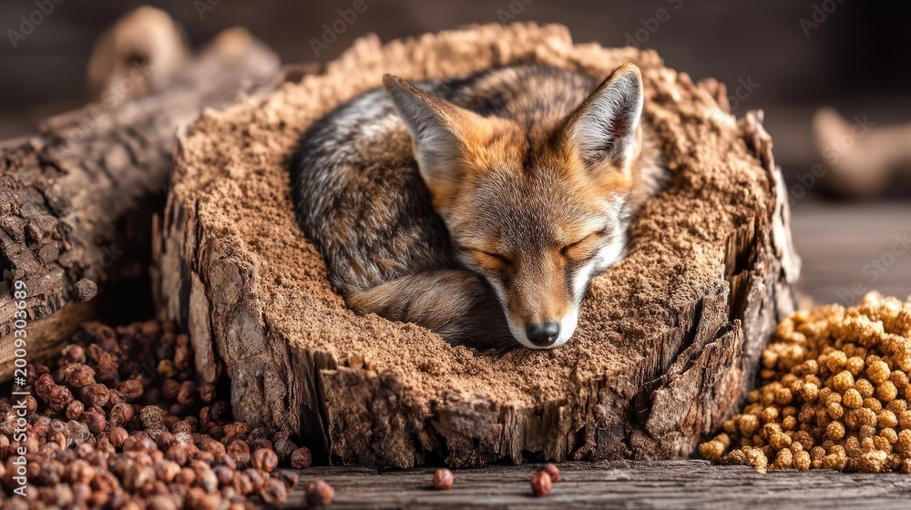 Fototapeta premium Fox Curled Up Inside a Natural Ring of Rough Bark and Seed Fragments