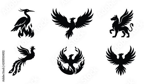 Tableau sur toile Mythical Phoenix Bird Icons, Fire Emblem Silhouettes, Fantasy Creature Vector Se