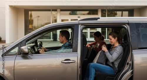 Family sitting in minivan outside building in warm evening light preparing for trip travel safety concept