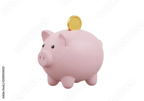 Pink piggy bank with gold coin isolated on transparent background