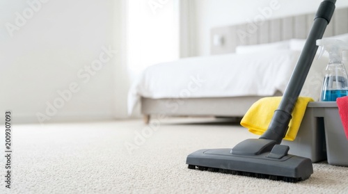 Vacuum cleaner and cleaning supplies on hotel room carpet. Professional housekeeping tools ready for floor maintenance. Hygiene and cleanliness concept in hospitality service.