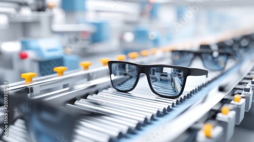 Modern Production Facility for Eyewear with Lenses and Frames in Motion