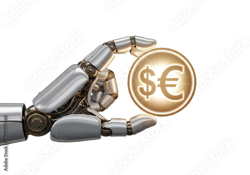Robot holding euro coin isolated on transparent background