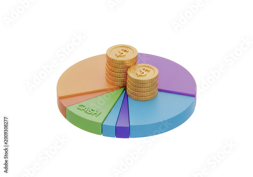 Pie chart with coins and gold bars isolated on transparent background
