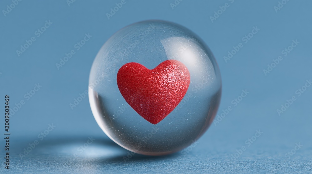 Fototapeta premium Transparent glass sphere with a red heart symbol inside, resting on a smooth blue surface, showcasing a clean and minimalistic design aesthetic