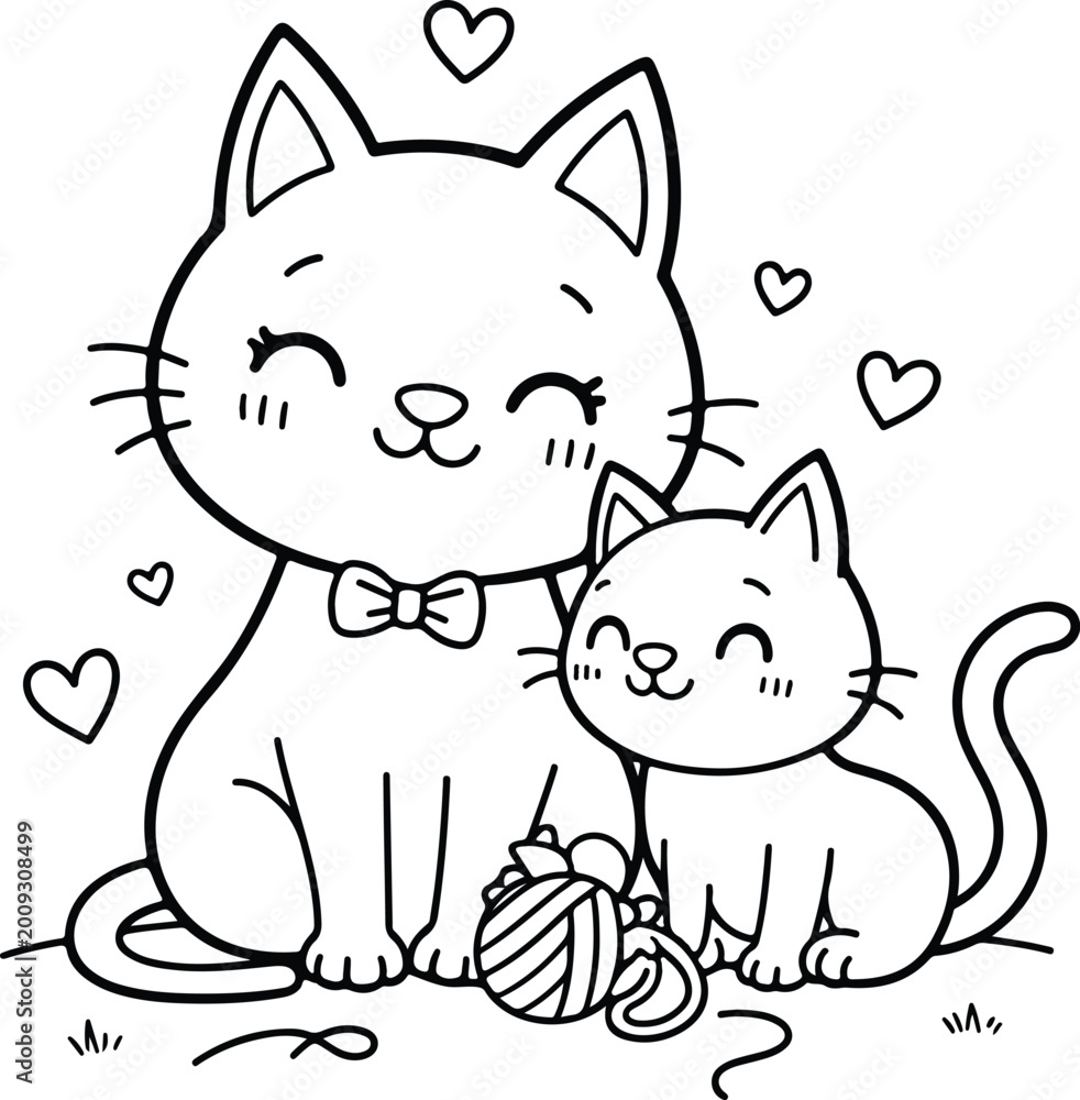 Obraz premium Adorable mother cat sitting with her small baby kitten cute animal family character for children coloring book pages and preschool activities