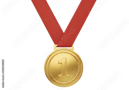 Gold olympic medal on red ribbon isolated on transparent background