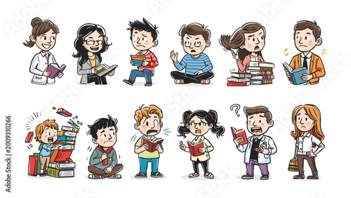Foto Scholars in Thought: A vibrant illustration showcasing a collection of studious figures engrossed in their books, capturing the joy of reading and knowledge seeking