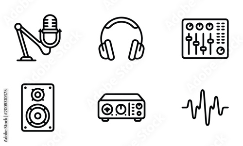 Foto set of vector line art icons representing various types of sound and recording d