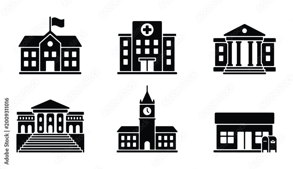 Fototapeta premium government and public building silhouettes in black vector style