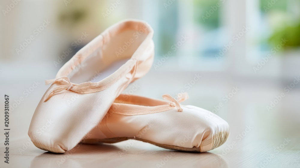 Naklejka premium Elegant Ballet Pointe Shoes on Floor in Soft Natural Light
