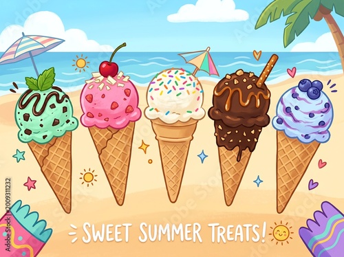 Five Colorful Ice Cream Cones Illustration on Sunny Summer Beach