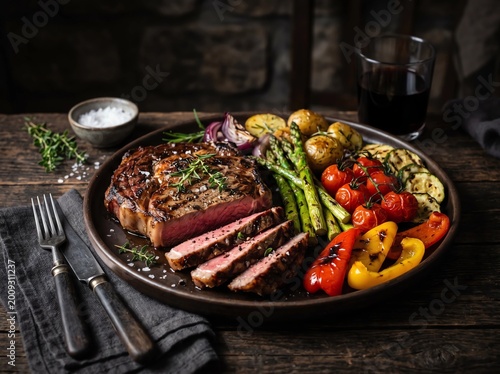 Grilled Ribeye Steak with Roasted Vegetables and Red Wine