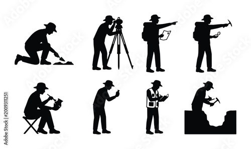 Konstfotografi Silhouette icons set featuring workers engaged in various outdoor activities rel