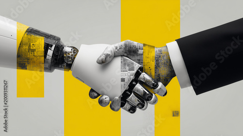 Human and AI partnership handshake in modern business concept collage