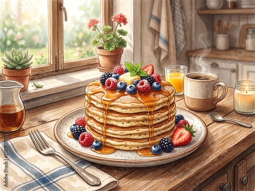 Delicious Stack of Pancakes with Fresh Berries and Maple Syrup