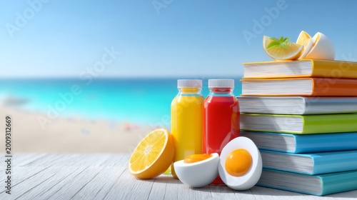 Vibrant Outdoor Setup with Stacked Novels and Refreshing Summer Drinks