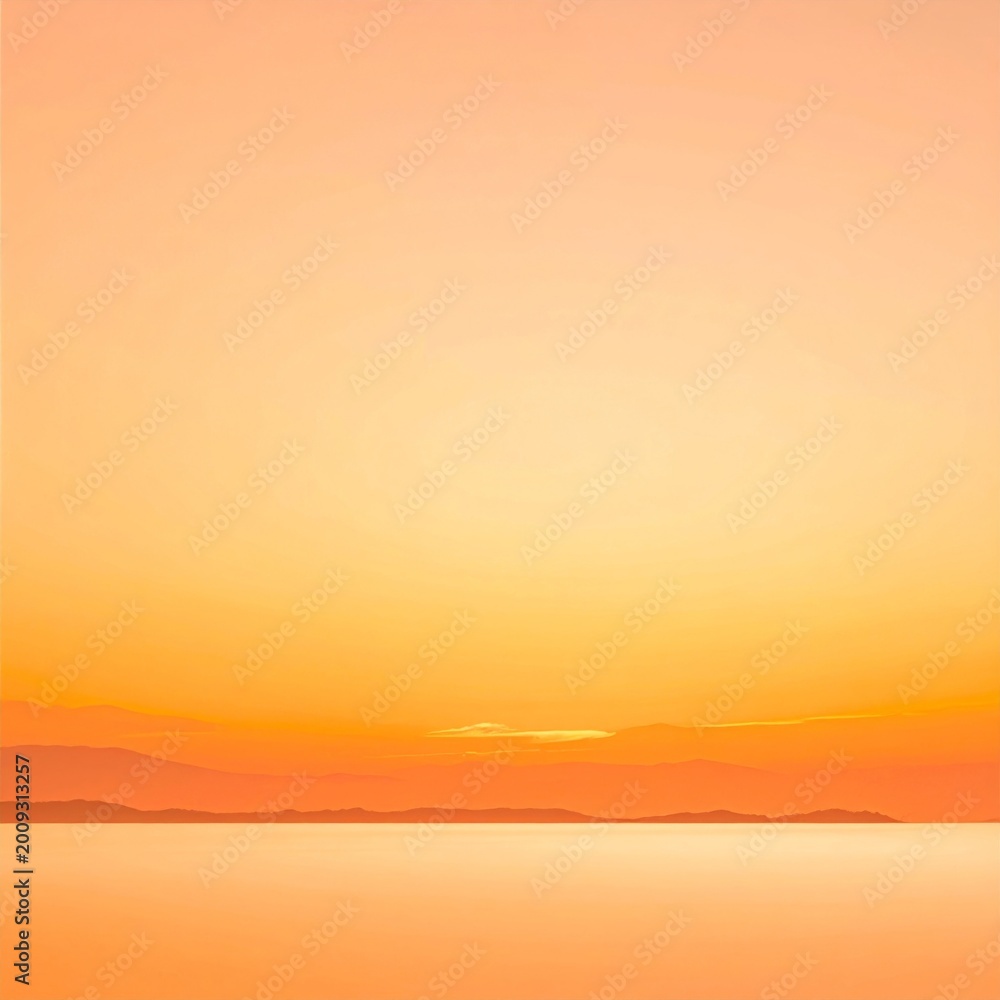 Obraz premium Vibrant Orange Sunset Over Calm Ocean and Distant Hazy Mountains Warm Sky