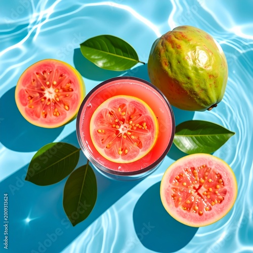 Refreshing Guava Juice Drink Surrounded by Whole and Sliced Guavas and Leaves on Water