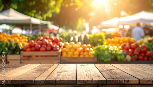 Wooden Table With Blurred Farmers Market Background Sunlight Over Colorful Produce Stalls