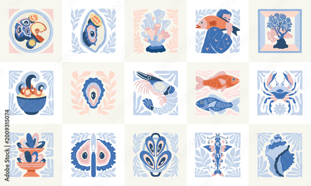 Fototapeta premium Coastal seafood illustration collection in minimal Matisse style with marine elements