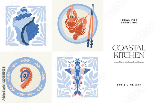 Coastal seafood illustration collection in minimal Matisse style with marine elements