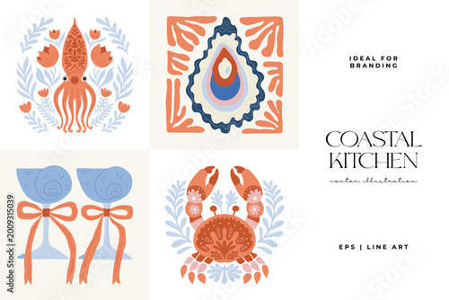 Coastal seafood illustration collection in minimal Matisse style with marine elements