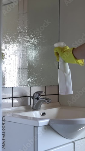 A person wearing a yellow rubber glove sprays cleaning solution onto a bathroom mirror. Foam spreads across the glass surface as part of a household cleaning routine.