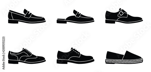 Fotografia Collection of 6 Black Vector Shoe Silhouettes: Loafers, Mules, Monk Straps, Brogues, Oxfords, Espadrilles