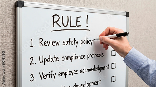 A hand writing rules on the whiteboard for workplace safety concept.