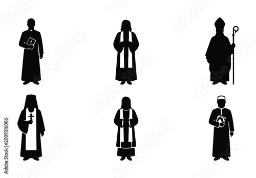 Φωτογραφία Christian Clergy Icons Set, Religious Figures Silhouettes, Catholic Priest, Bish