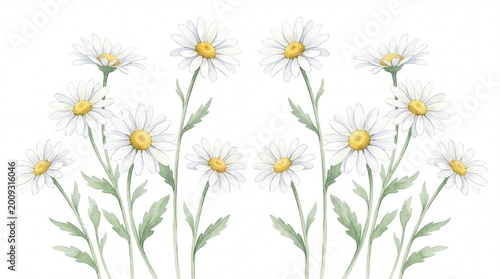 Delicate watercolor painting of a cluster of white daisies with green leaves and yellow centers on a white background