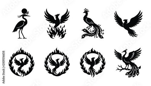 Photos Mythical Phoenix Vector Icons Set, Fiery Bird Emblems, Heraldic Crests, and Styl