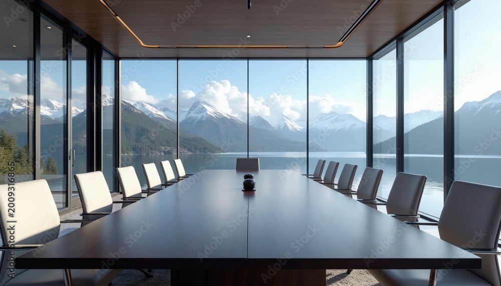 Naklejka premium Large meeting table with chairs in modern conference room. Panoramic windows show snowy mountains, calm water. Bright room offers business workspace with elegant design, natural light. Pro office.