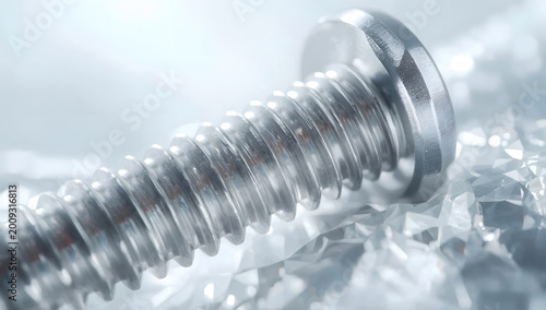 Silver screw on a textured bright surface. Industrial hardware.
