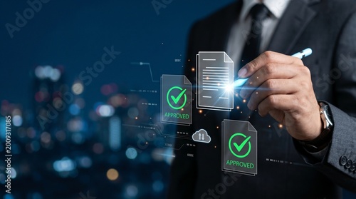 Businessman using digital pen to approve virtual document icons with green check marks, representing online document verification, digital signature, data approval workflow, electronic documentation