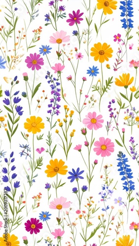 Vibrant Pixelated Wildflower Meadow Pattern with Yellow Pink Blue Purple Flowers on White