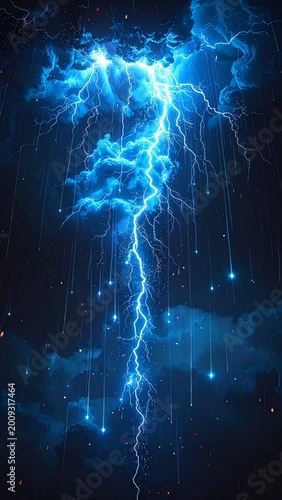Vibrant blue lightning strikes through dark stormy clouds with glowing particles