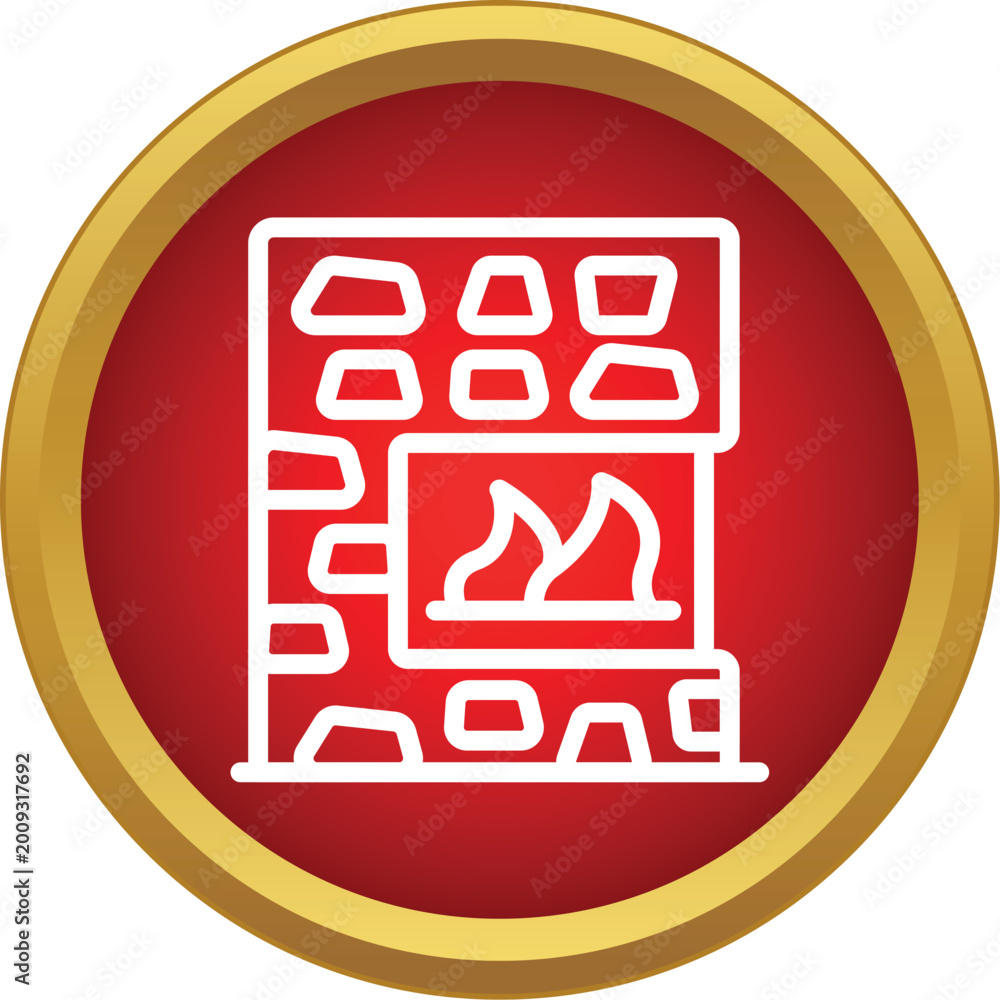 Obraz premium Fireplace icon with bricks and burning flames on a red button
