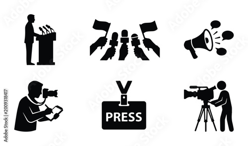 Schilderij op canvas Journalism and mass media icon set, press conference and news reporting silhouet
