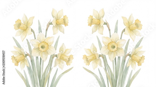 A symmetrical arrangement of delicate yellow daffodils with green stems and leaves, presented against a clean white backdrop