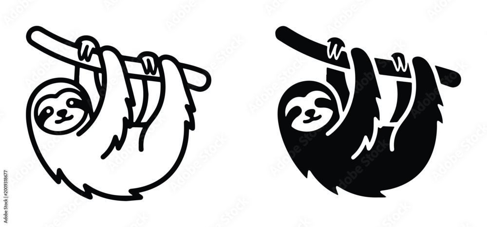 Fototapeta premium Sloth vector icons set, cute hanging sloth character illustrations, black and white animal graphics for logo design and stickers