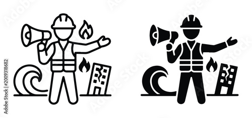 Foto Emergency management icon set, disaster response worker with megaphone, natural
