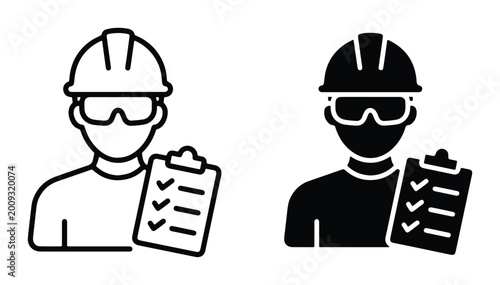 Photos Industrial safety inspector vector icons, construction worker with checklist and